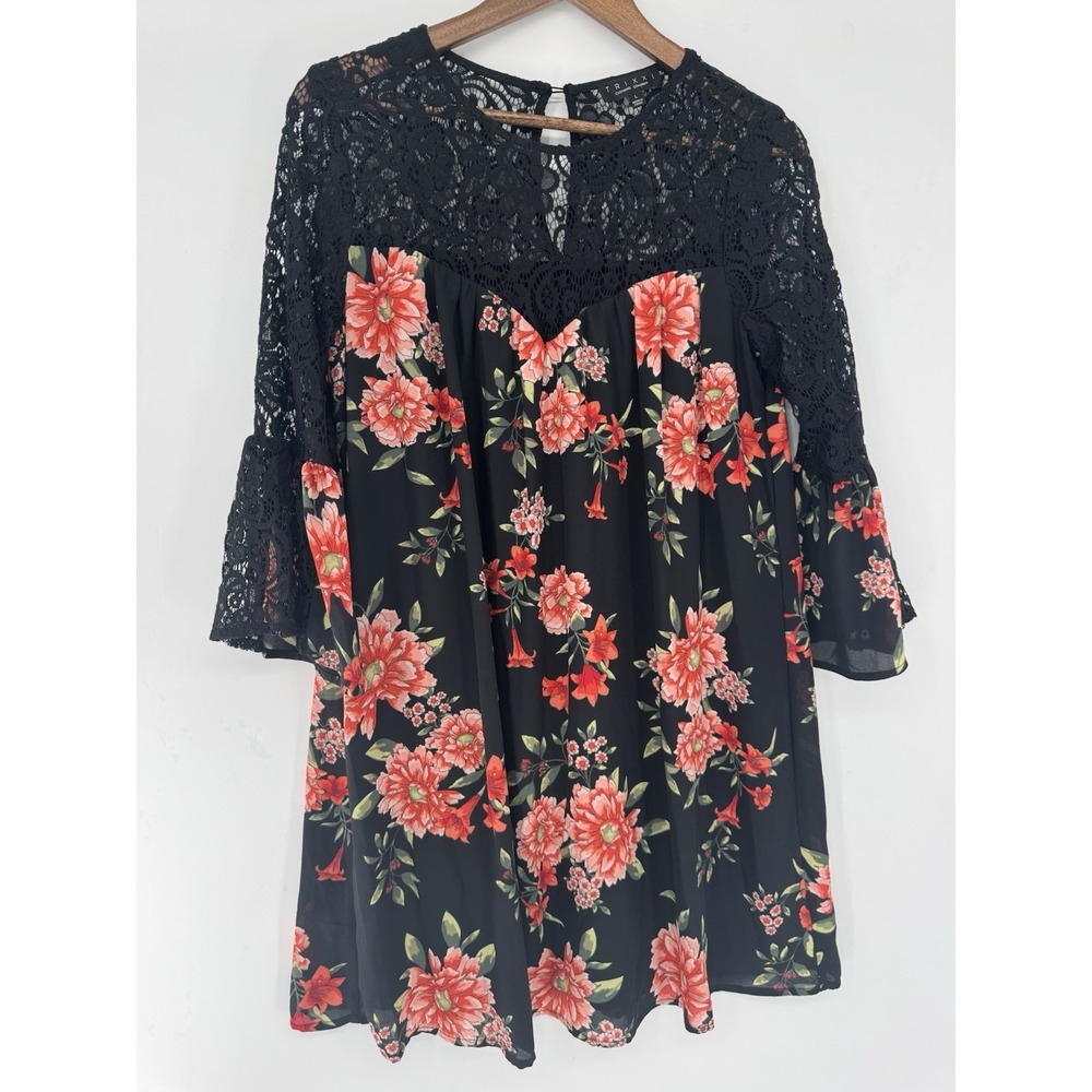 Trixxi Dress L Black Floral Lace Loose Fit Swing Boho Hippie Fairy grunge Sheer